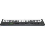 Nektar Impact LX88+ MIDI keyboard with 88 keys, control knobs, and transport buttons on a black background.