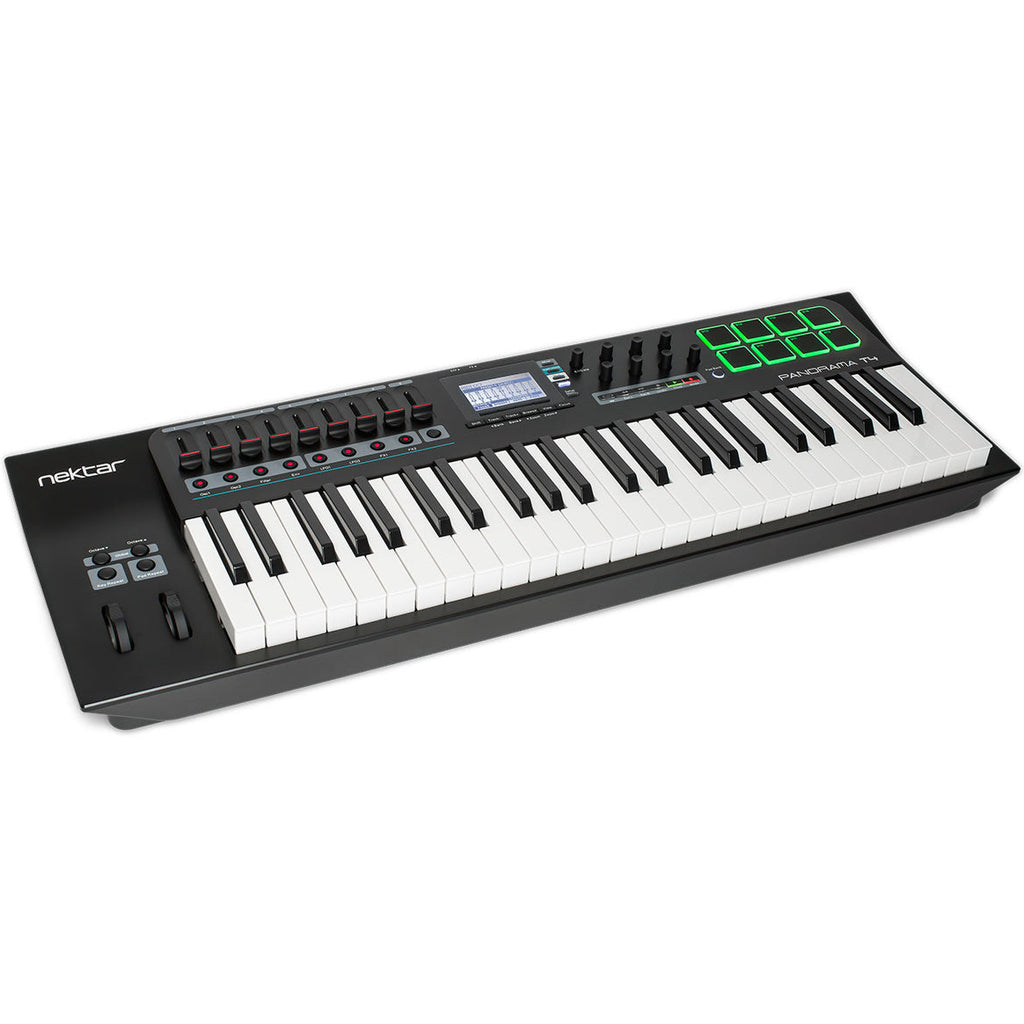 Nektar Panorama T4 MIDI controller with four rotary knobs and a compact design, shown from the front angle.