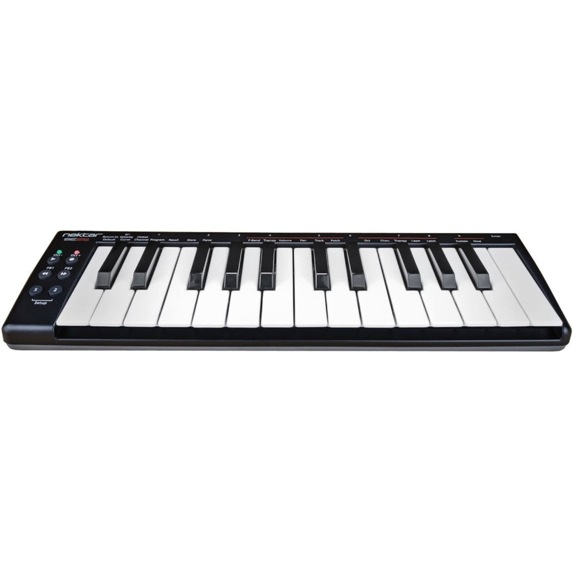 Nektar SE25 midi keyboard with 25 keys, compact design, and control knobs for music production and performance.