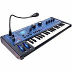 Novation MiniNova synthesizer with colorful controls and display, compact electronic music instrument for sound design and performance.