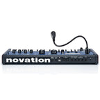 Novation MiniNova synthesizer with colorful control knobs and compact keyboard, showcasing its front panel and controls.