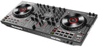 Numark NS4FX DJ controller with multiple jog wheels, faders, and control knobs, shown from an angled left view.