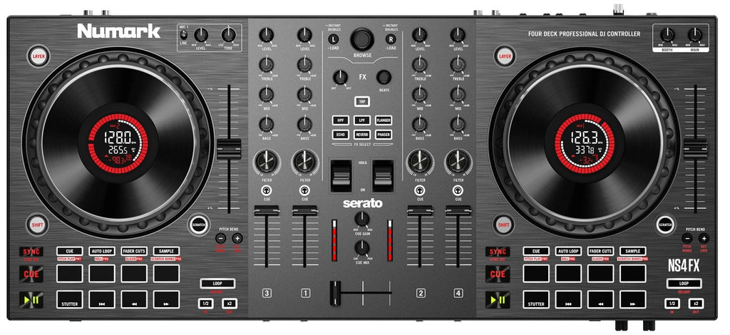 Top-down view of the Numark NS4FX DJ controller with multiple knobs, sliders, and performance pads for mixing and scratching.