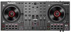 Top-down view of the Numark NS4FX DJ controller with multiple knobs, sliders, and performance pads for mixing and scratching.