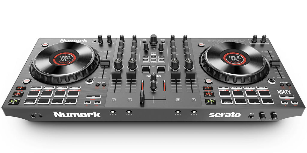 Numark NS4FX DJ controller showing top and front view with multiple control knobs, faders, and performance pads.