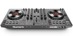 Numark NS4FX DJ controller showing top and front view with multiple control knobs, faders, and performance pads.