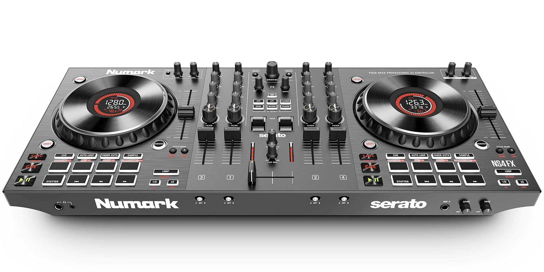 Numark NS4FX DJ controller showing top and front view with multiple control knobs, faders, and performance pads.