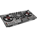 Numark NS4FX DJ controller with four channels, colorful knobs, and built-in effects for professional DJ mixing.