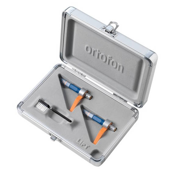 Two Ortofon Concorde DJ MK2 turntable cartridges with a protective case, designed for professional DJ turntable setups.