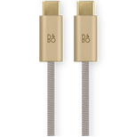 Bang & Olufsen Beoplay H100 wireless headphones with fabric cable and sleek hourglass design, shown in sand color.