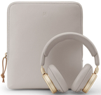 Bang & Olufsen Beoplay H100 wireless headphones in a pouch, with an hourglass sand design on the front.