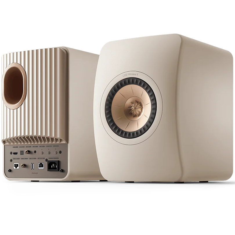 KEF LS50 Wireless II wireless speakers with sleek design and black finish, featuring advanced audio drivers and control panels.