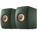 KEF LS50 Wireless II wireless bookshelf speakers with sleek black finish and modern design, featuring front grille and control panel.