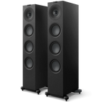 KEF Q11 Meta passive floorstanding speakers with sleek black finish and modern design, showcasing their tall, elegant speaker cabinets.