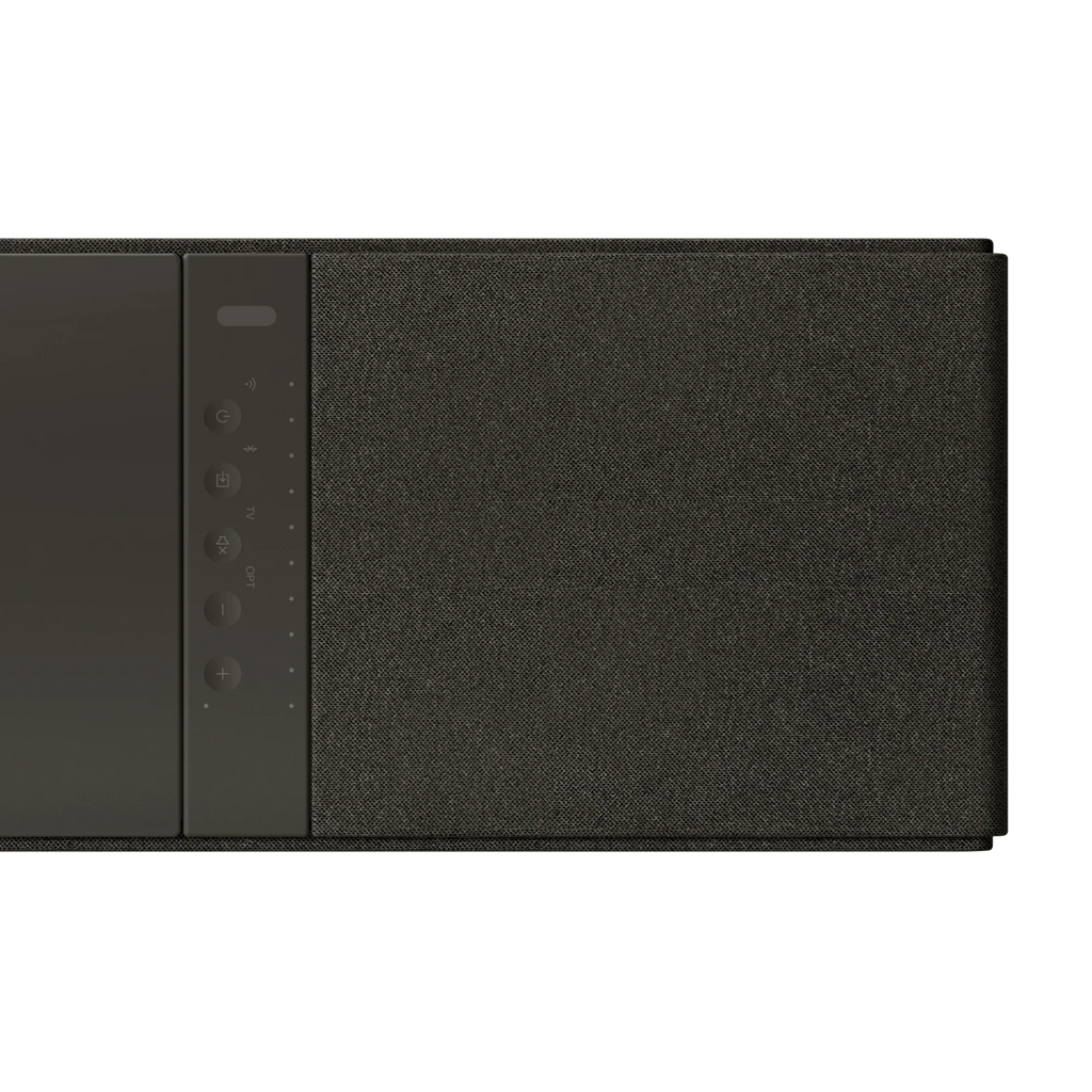 KEF XIO soundbar with sleek black design, compact TV speaker with multiple drivers for immersive audio experience.