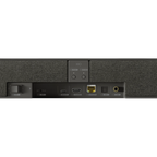 KEF XIO soundbar with sleek black design and built-in subwoofer for immersive TV audio.