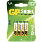 Four GP Batteries LR3 AAA alkaline batteries, standard size, with silver and black casing, suitable for various electronic devices.