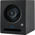 Presonus Eris Pro 4 active nearfield monitors shown with black enclosure and front speaker grills, ideal for studio audio setup.
