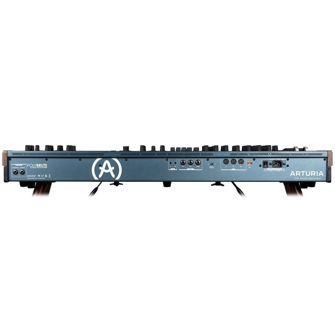 Arturia PolyBrute synthesizer with multiple control knobs and a sleek black design, showing the front panel with various parameters.
