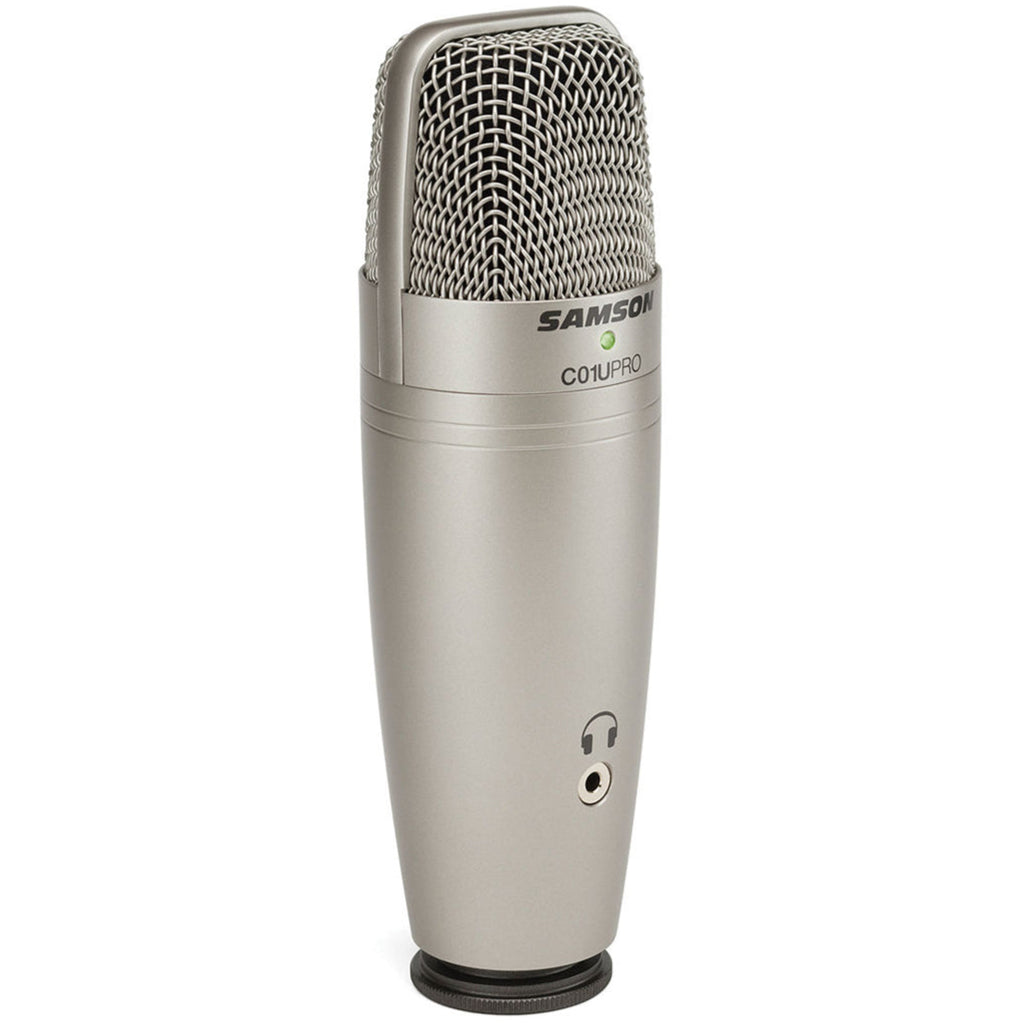 Samson C01U Pro USB microphone with black body and metal grille, set on a desk for professional audio recording.