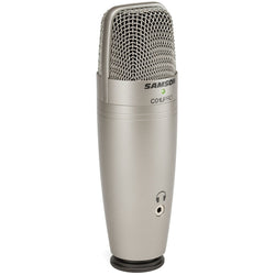 Samson C01U Pro USB microphone with black body and metal grille, set on a desk for professional audio recording.