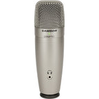 Samson C01U Pro USB microphone with adjustable stand and black body, designed for studio recording and streaming.