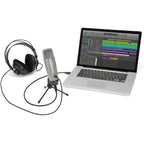 Samson C01U Pro USB microphone with black grille and stand, designed for professional audio recording and streaming.
