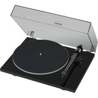 Pro-Ject T1 EVO turntable with sleek black finish, tonearm, and platter, showcasing modern audio equipment design.