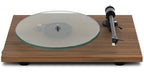 Pro-Ject T2 W walnut finish turntable with a sleek design and tonearm, showcasing high-quality audio equipment.