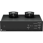 Pro-Ject Tube Box S3 B phono preamp with vacuum tubes, compact design, black finish, and connection ports visible in the image.