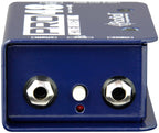 Radial Engineering Pro48 DI box with input and output jacks, compact black metal enclosure, professional audio equipment for live or studio use.