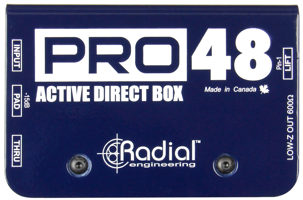 Radial Engineering Pro48 DI box with top view showing input and output connections for professional audio use.