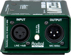 Radial Engineering PROAV1 DI box shown from the back, featuring input and output connections for professional audio applications.
