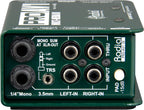 Radial Engineering PROAV1 DI box showcasing front view with input and output jacks for professional audio applications