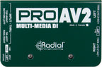Radial Engineering PROAV2 DI box showing top view with input and output jacks for professional audio signal management.