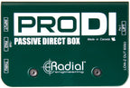 Radial Engineering ProDI DI box with top view showing input and output jacks for professional audio signal conversion.