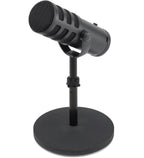 Samson Q9U dynamic microphone shown with XLR cable and stand, professional audio equipment for live or studio recording.