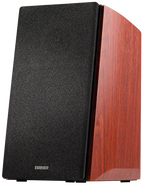 Edifier R2000DB active bookshelf speakers with wood grain finish, showcasing their sleek design and front speaker grille.