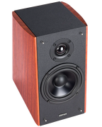 Edifier R2000DB active bookshelf speakers with wood-grain finish and detailed speaker cones, ideal for home audio setups.