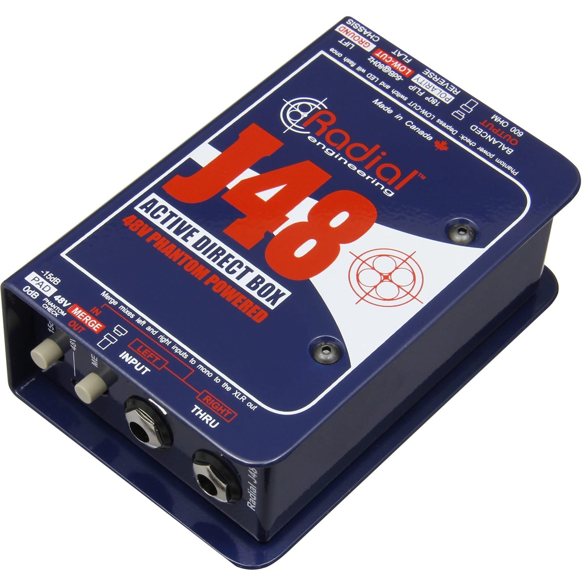 Radial Engineering J48 Mono DI box for professional audio signal splitting and balancing in live sound and studio setups.