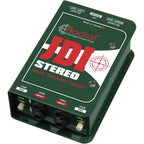 Radial Engineering JDI stereo DI box shown with audio input and output jacks, used for direct instrument and audio signal connection.