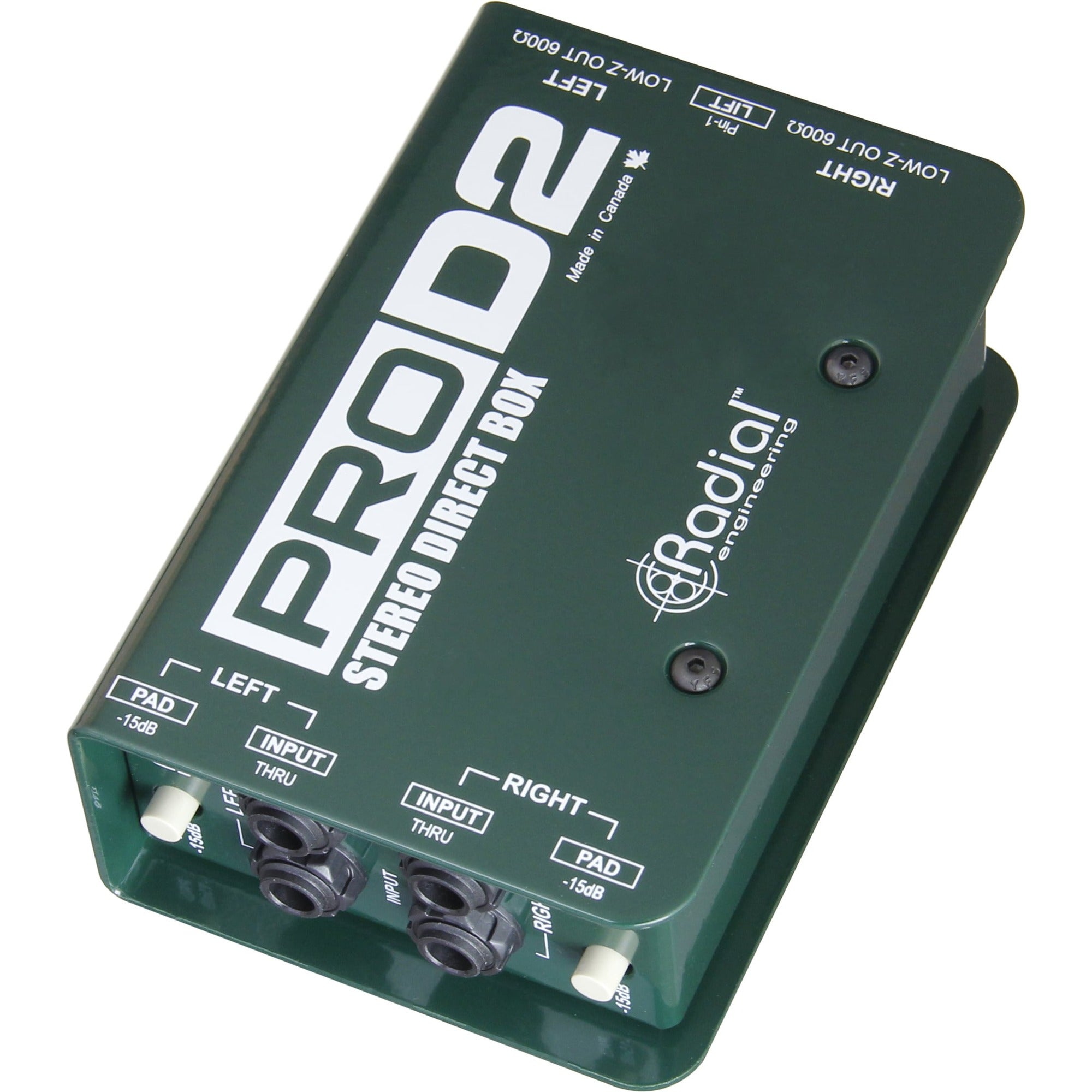 Radial Engineering ProD2 DI box, front view.
