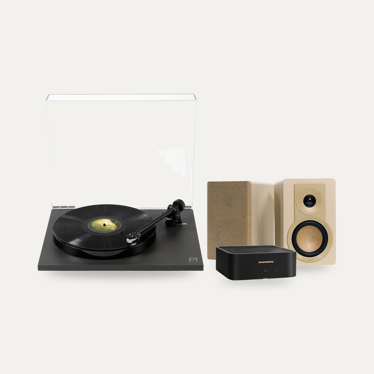Rega Planar 1 Plus + Marantz MODEL M1 + DALI KUPID Vinyl System – Turntable Finish Matte Black, Speaker Finish Caramel White