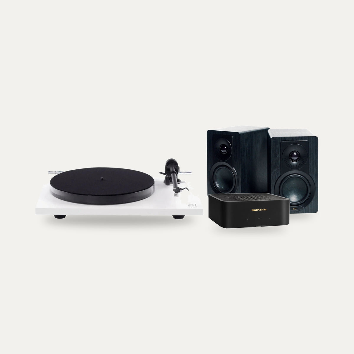 Rega Planar 1 Plus + Marantz MODEL M1 + DALI KUPID Vinyl System – Turntable Finish Matte White, Speaker Finish Black Ash