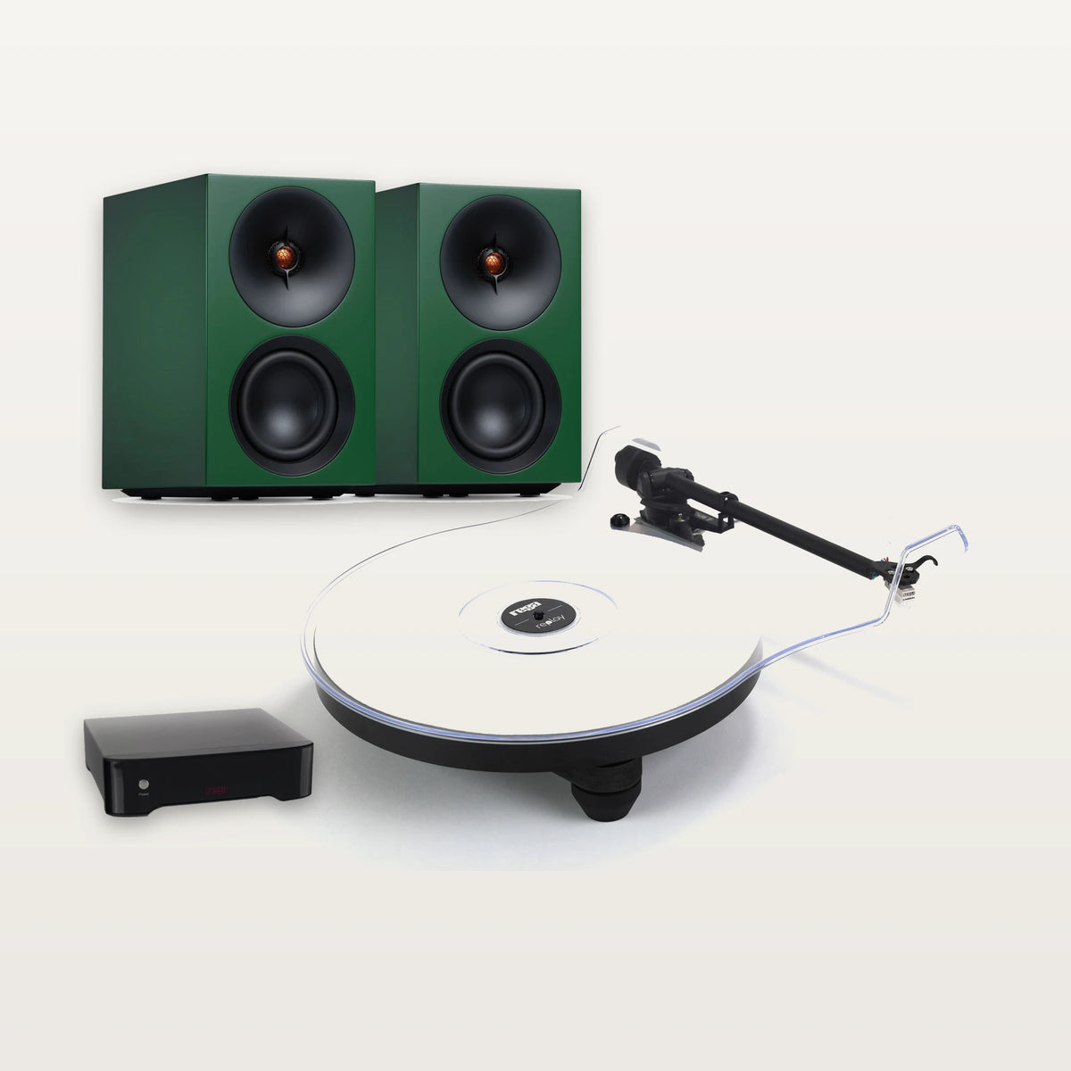 Rega Replay turntable, Fono MM phono stage and Cambridge Audio L/R S speakers vinyl system in Green