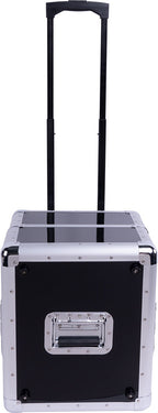 Reloop 120 Trolley DJ record case with sturdy wheels and handle, designed for transporting vinyl records safely.