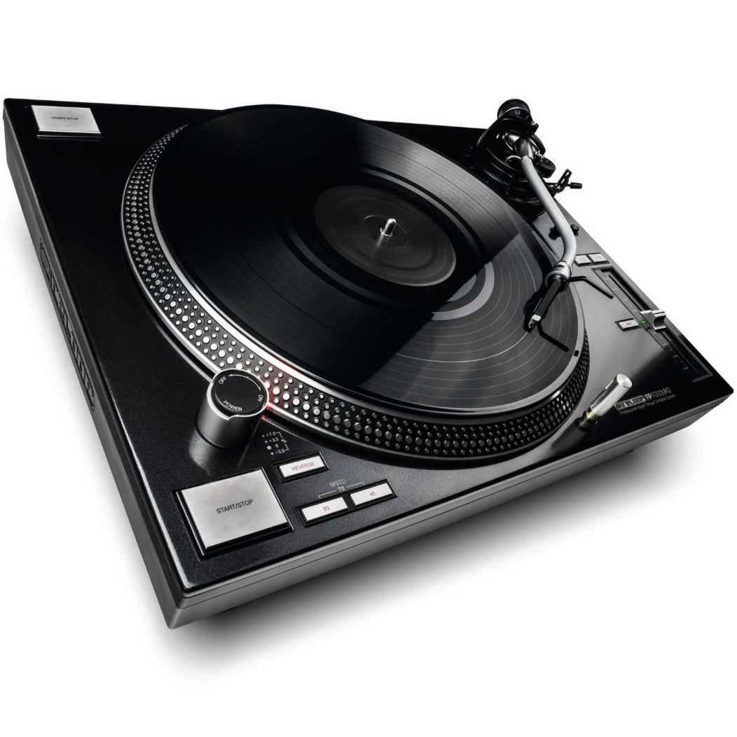 Reloop RP-7000 MK2 DJ turntable, black, angle with platter