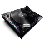Reloop RP-8000 MK2 DJ turntable with illuminated platter and tonearm, featuring professional controls for mixing and scratching.