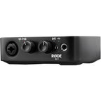 Rode AI-1 audio interface with sleek design, featuring input and output ports, used for professional recording and streaming.