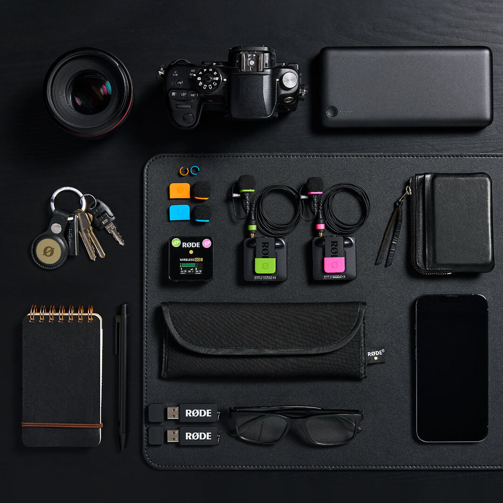 Rode Colors 3 wireless microphone accessories in a flatlay on black background, showcasing colorful components and Rode branding.